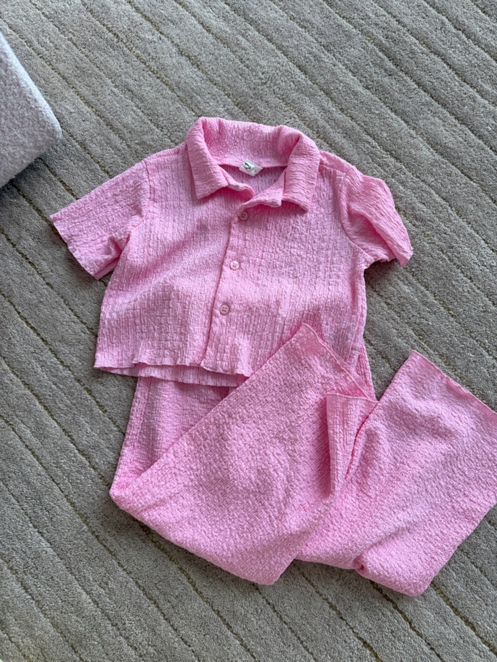 Pink Textured Kids Set - Short Sleeve Button Top & Pants